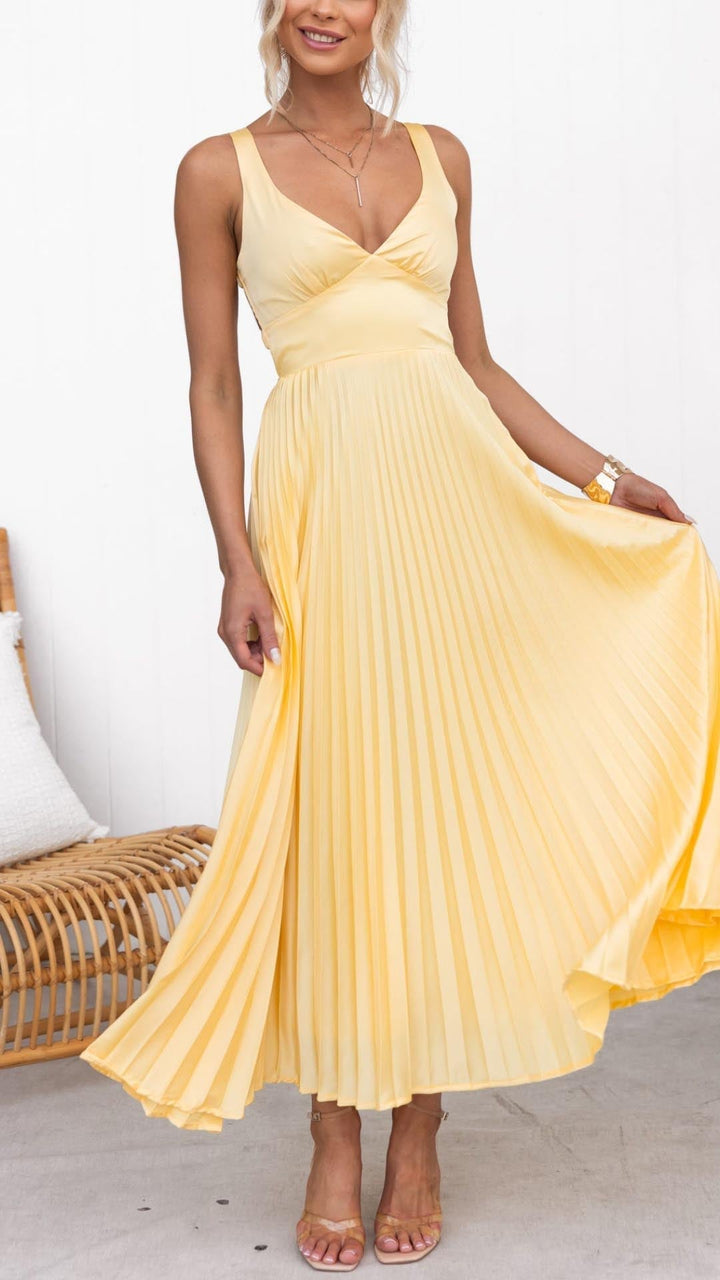 Aby - Abito Maxiball Plissettato Giallo con Scollatura a V